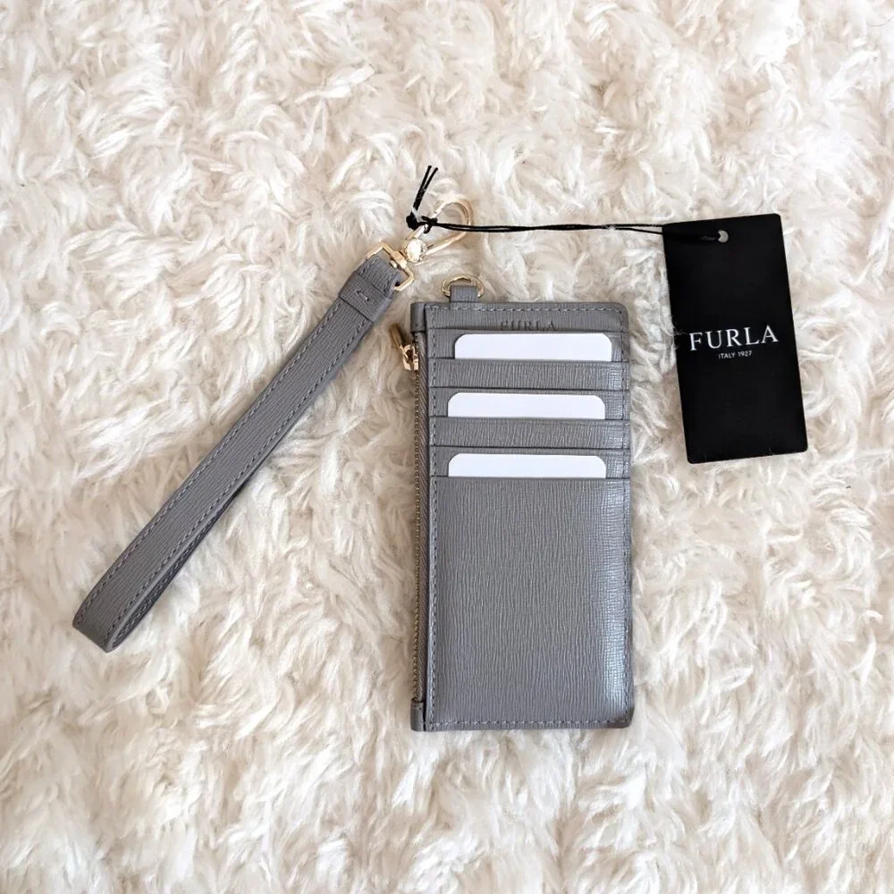 NWT Furla Saffiano Leather Credit Card Case Wristlet in gray